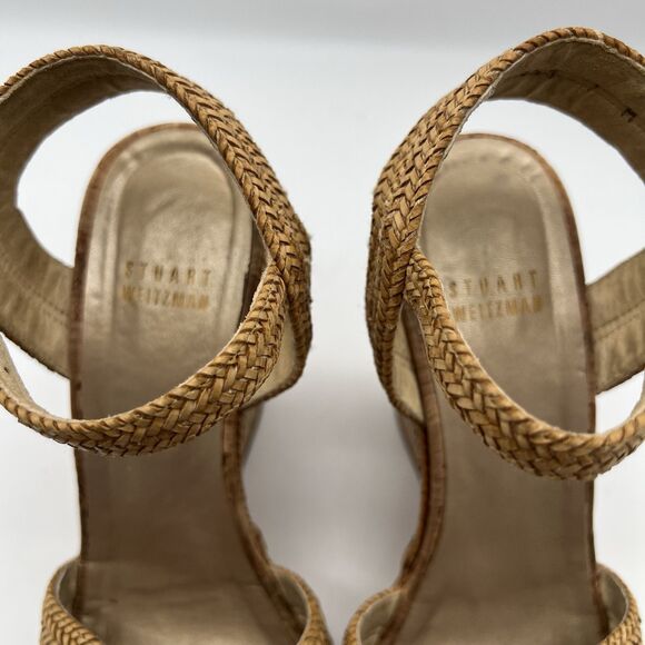 Stuart Weitzman Minx Tan Woven Leather Ankle Strap Cork Wedge Sandals Women’s 7 - Picture 8 of 16